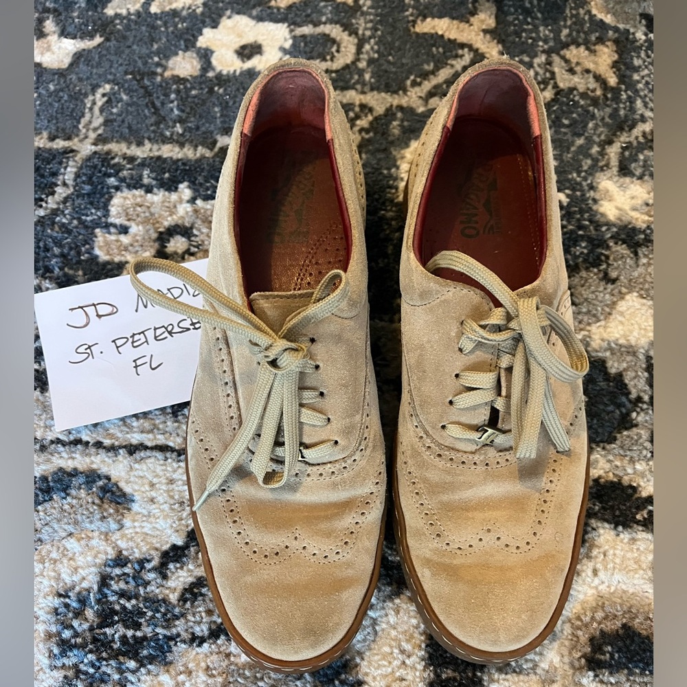 SALVATORE FERRAGAMO Tan Suede Sport Wingtip Shoes, Size 8